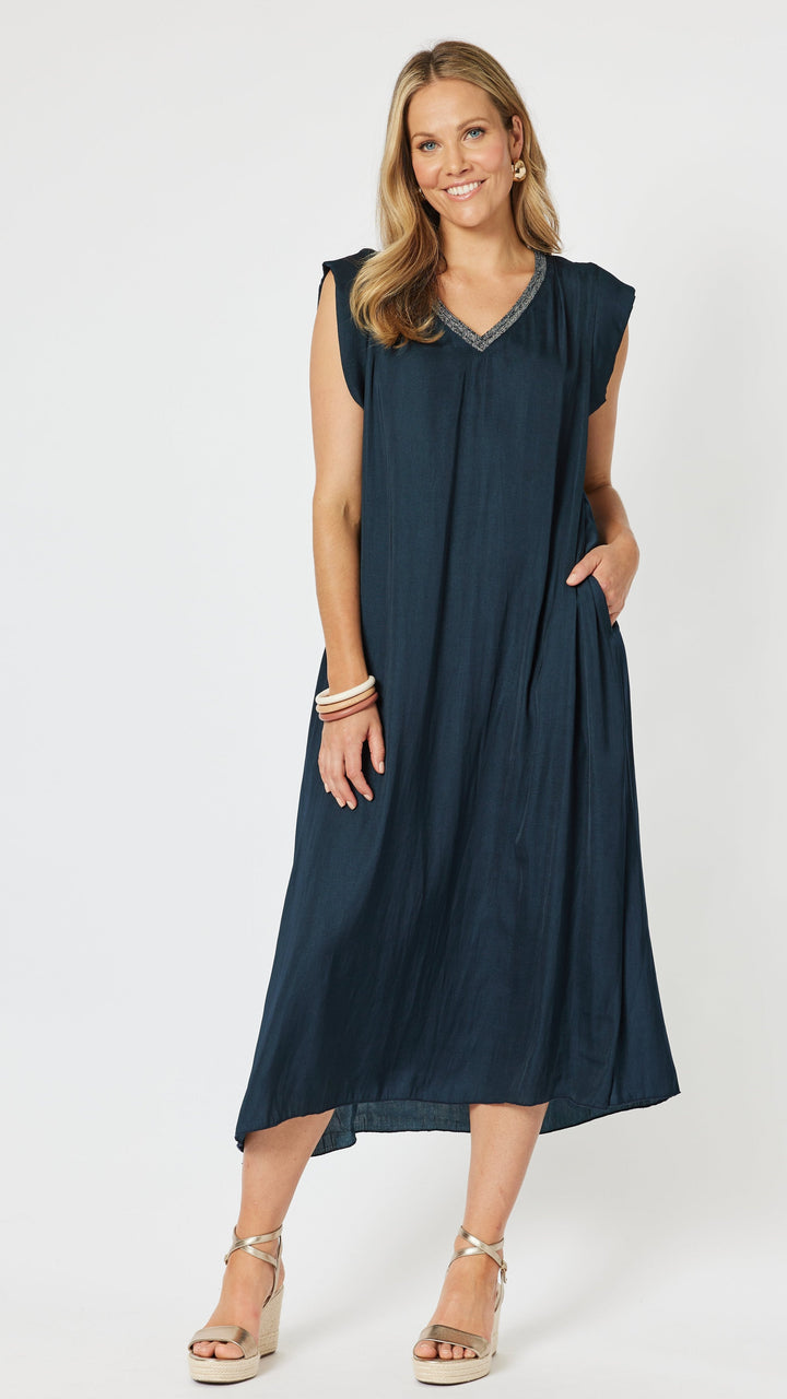Traveller Luxe V neck Dress - Navy