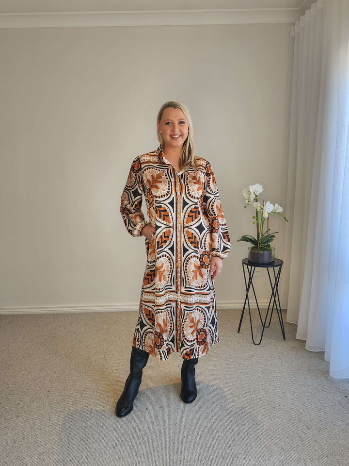 Studio Button Floral Print Dress - Chocolate Multi