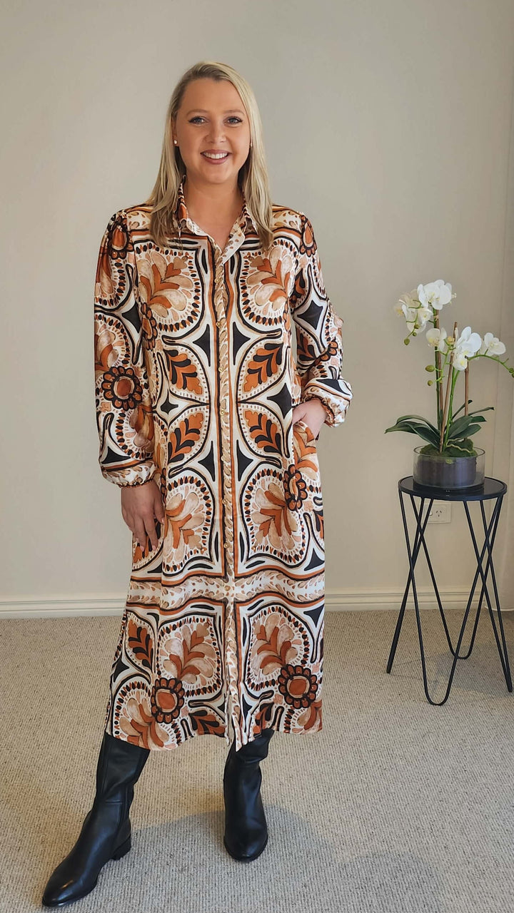 Studio Button Floral Print Dress - Chocolate Multi