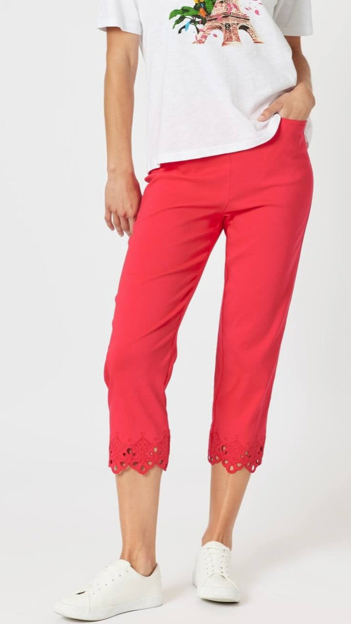 Fleur Broderie Hem Pant - Red