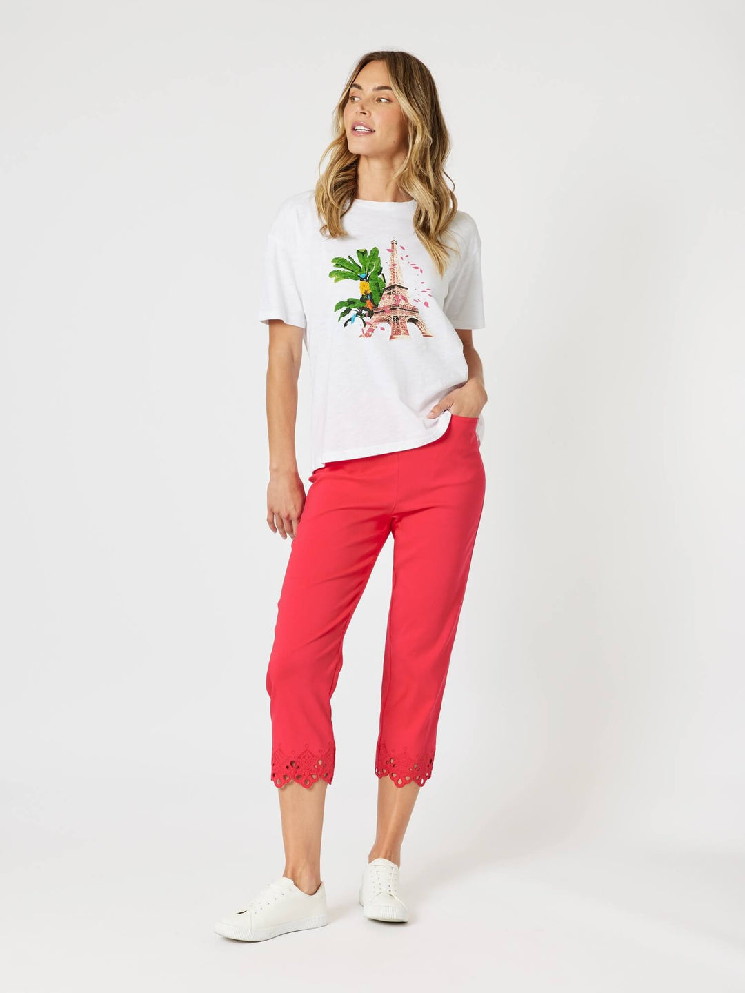 Fleur Broderie Hem Pant - Red