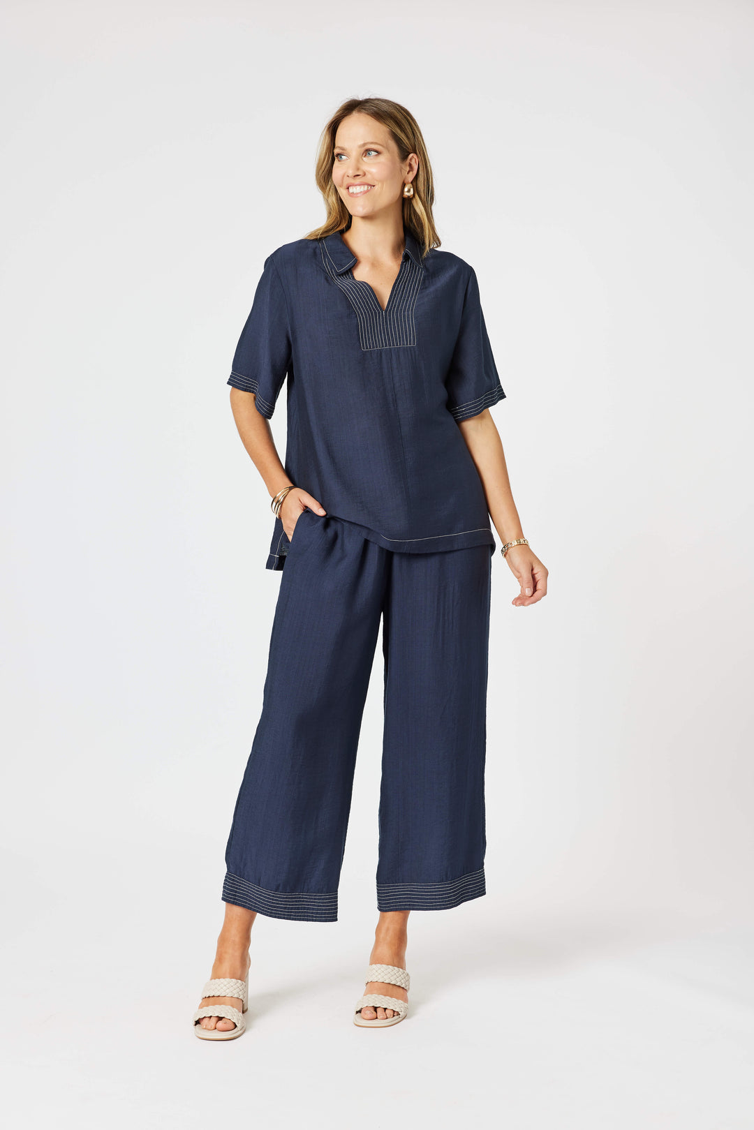 Top Stitch Detail Pant - Navy