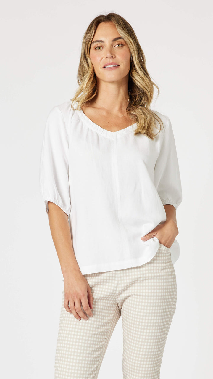 Lino V Neck Top - White