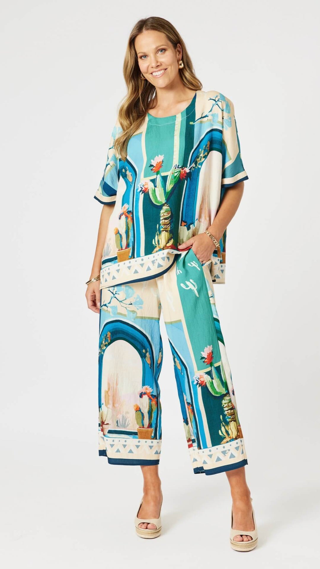 The Tulum Print Wide Leg Pant - Blue/Multi