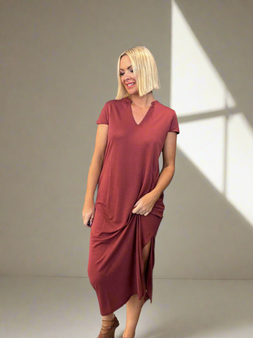 Burgendy Cap Sleeve Midi Dress
