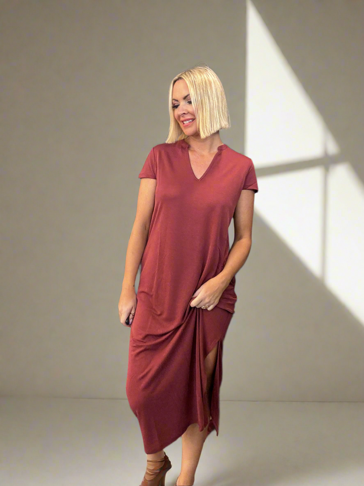Burgendy Cap Sleeve Midi Dress