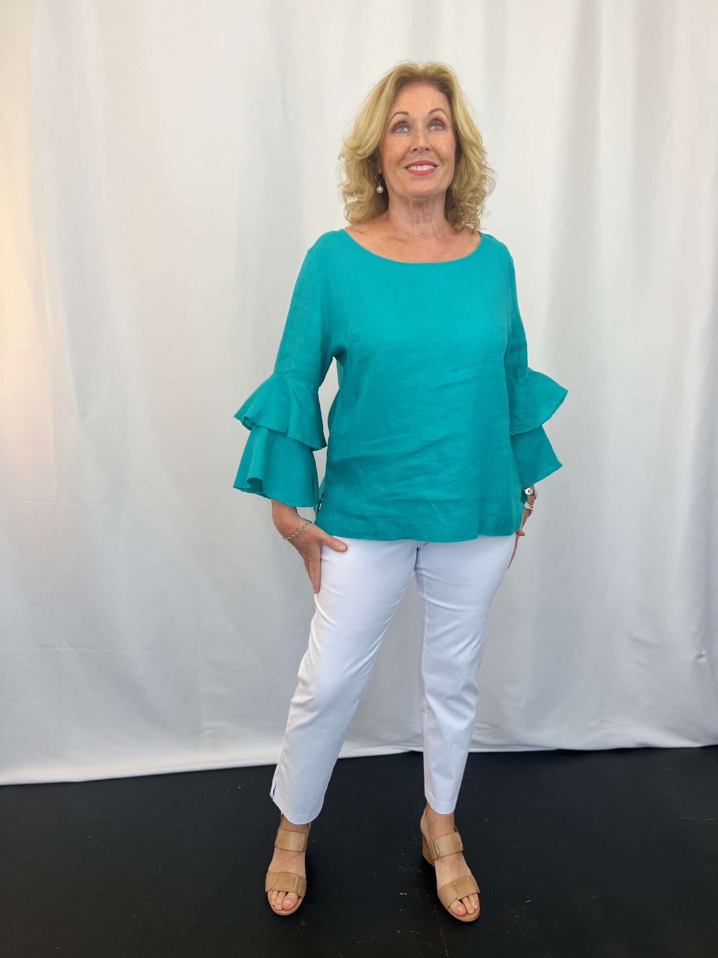 Ruffle Sleeve Linen Top Dark Aqua