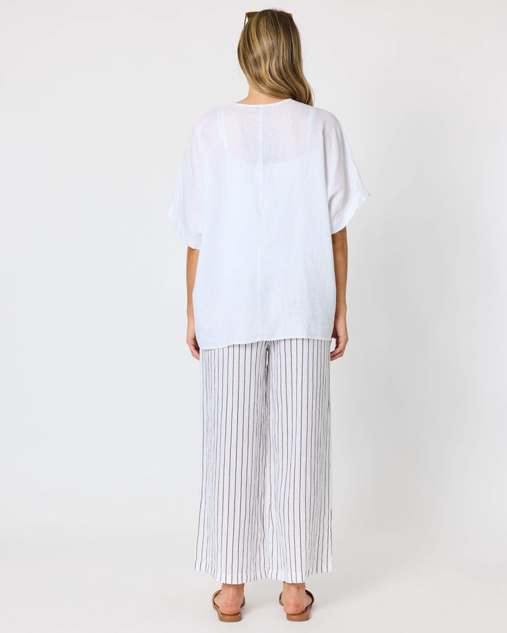 A hammock &amp; vine model  viewed from behind, wearing a white short-sleeve button-front top and white pants with thin vertical brown stripes, standing against a plain light gray studio background. 