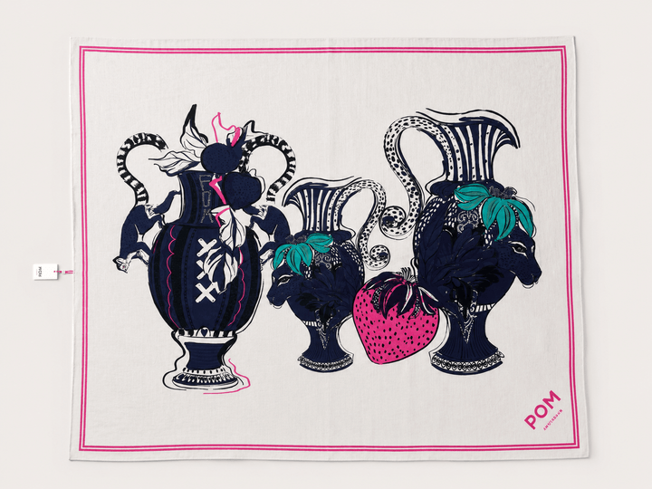 Vase print shawl with navy and teal urns, pink border on light background