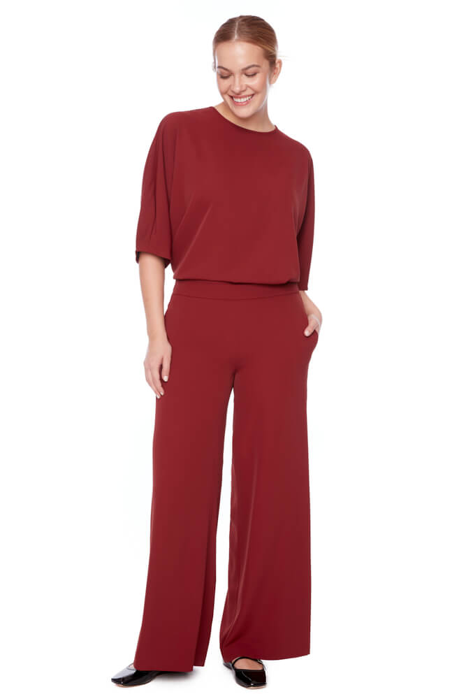 Solid Vegan Silk Wide Leg Pant - Shiraz/Black
