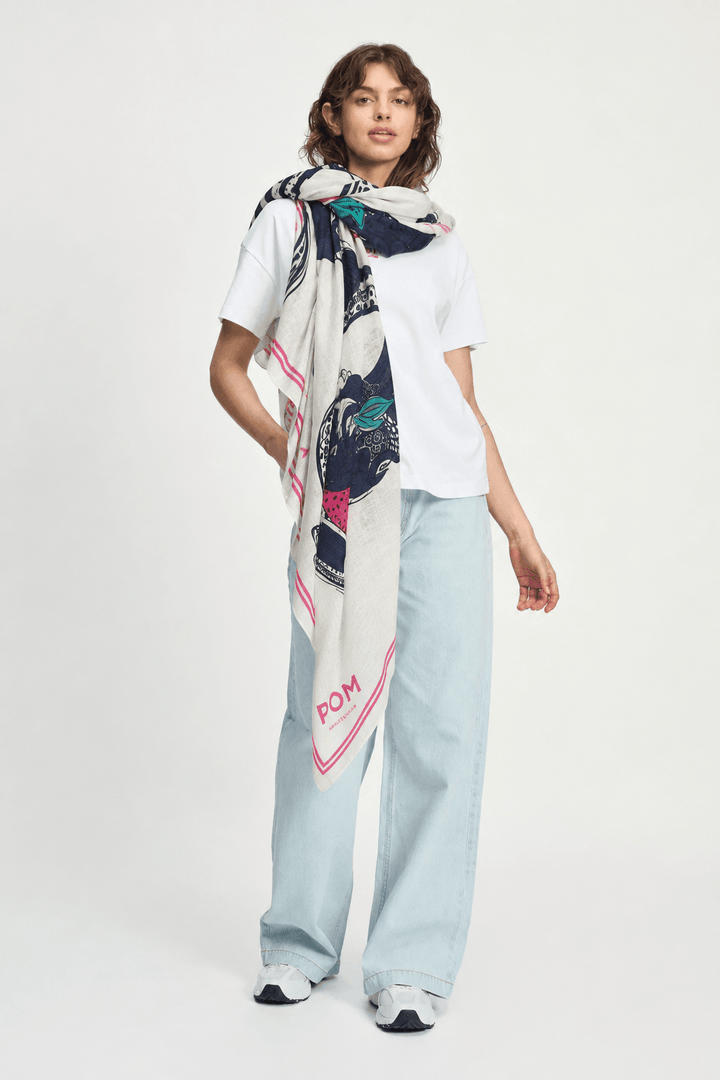 Vase graphic shawl draped over shoulder, multi-color urns on white fabric