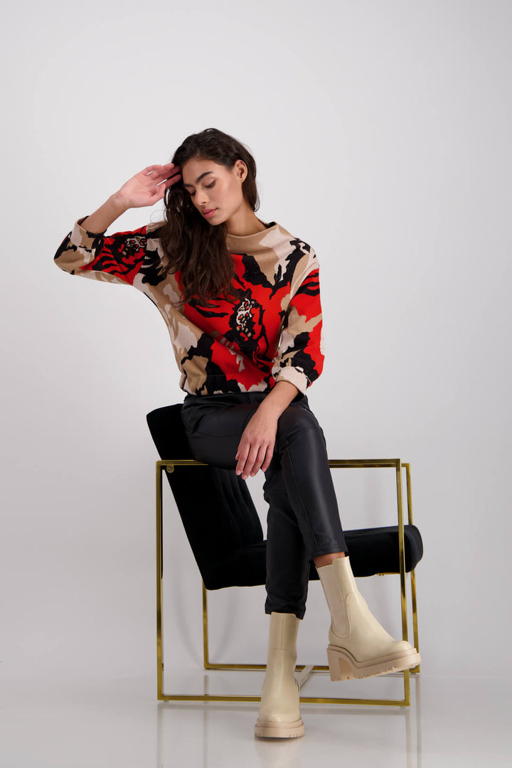 Jacquard Floral Sweater-Biscuit/Red