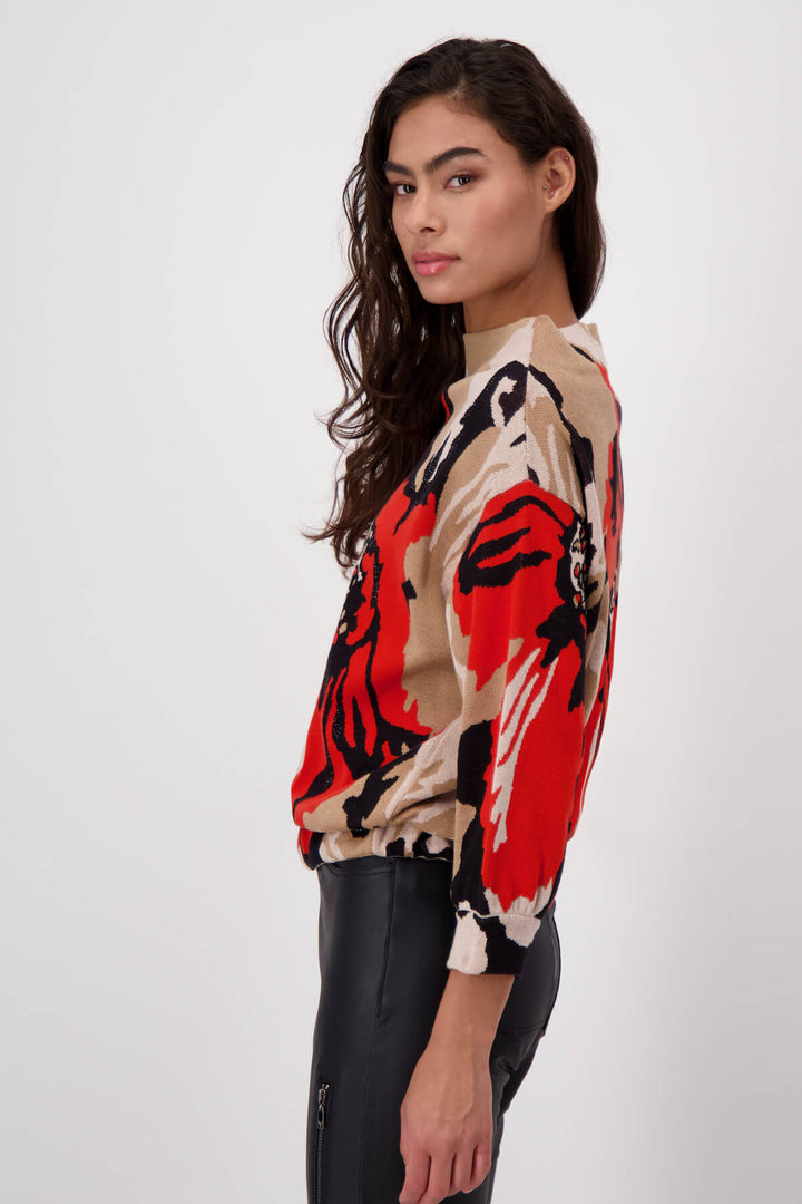 Jacquard Floral Sweater-Biscuit/Red