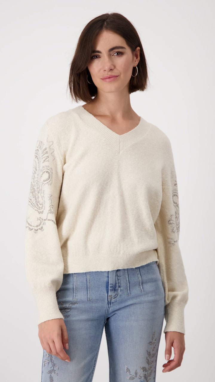 Sand Shell V Neck Glitter Reversable Pullover - Sand