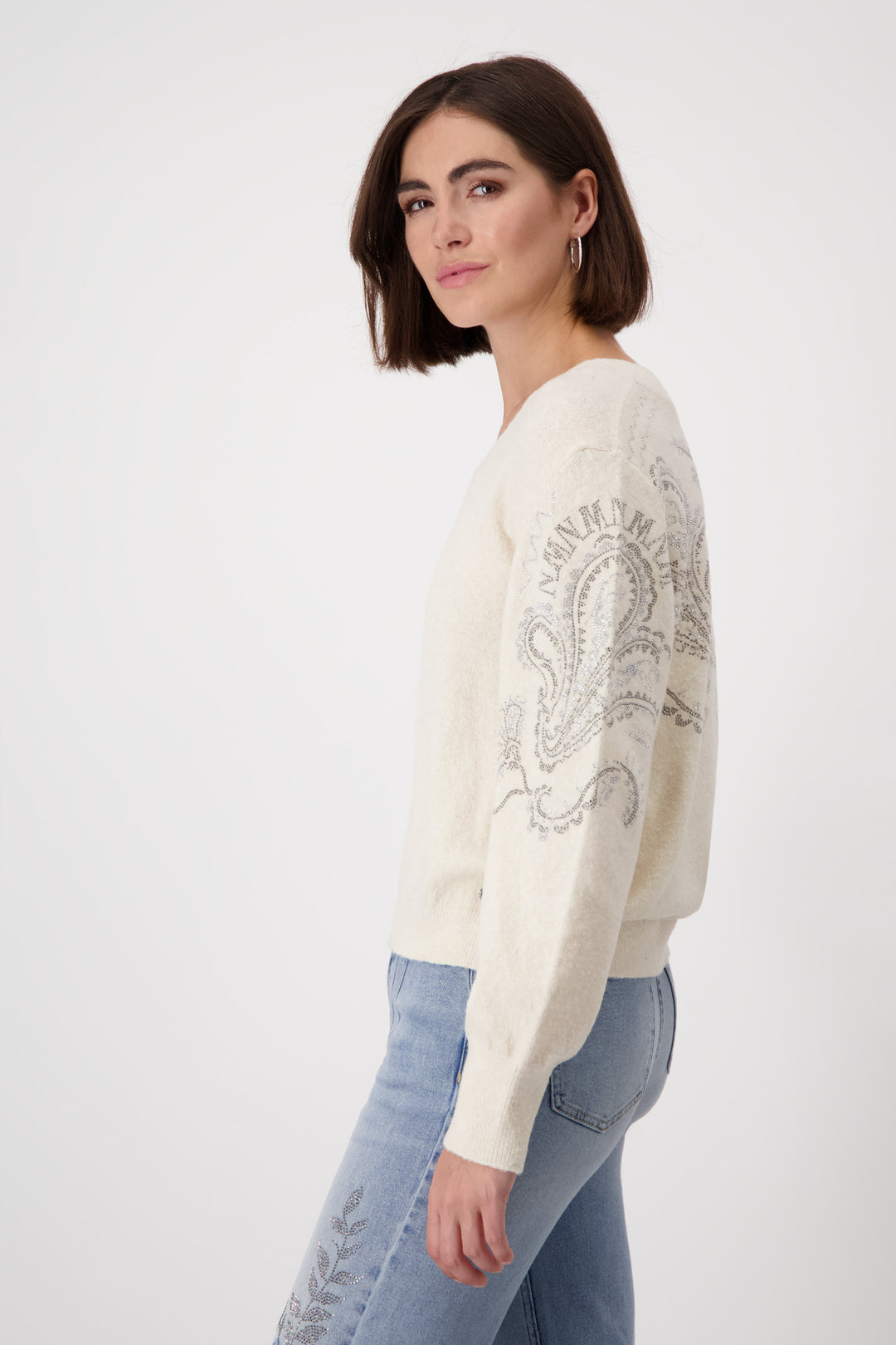 Sand Shell V Neck Glitter Reversable Pullover - Sand