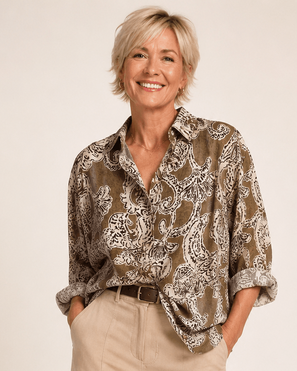 Paisley print button-up shirt, front view, collared neckline, 3/4 sleeves, dark and cream