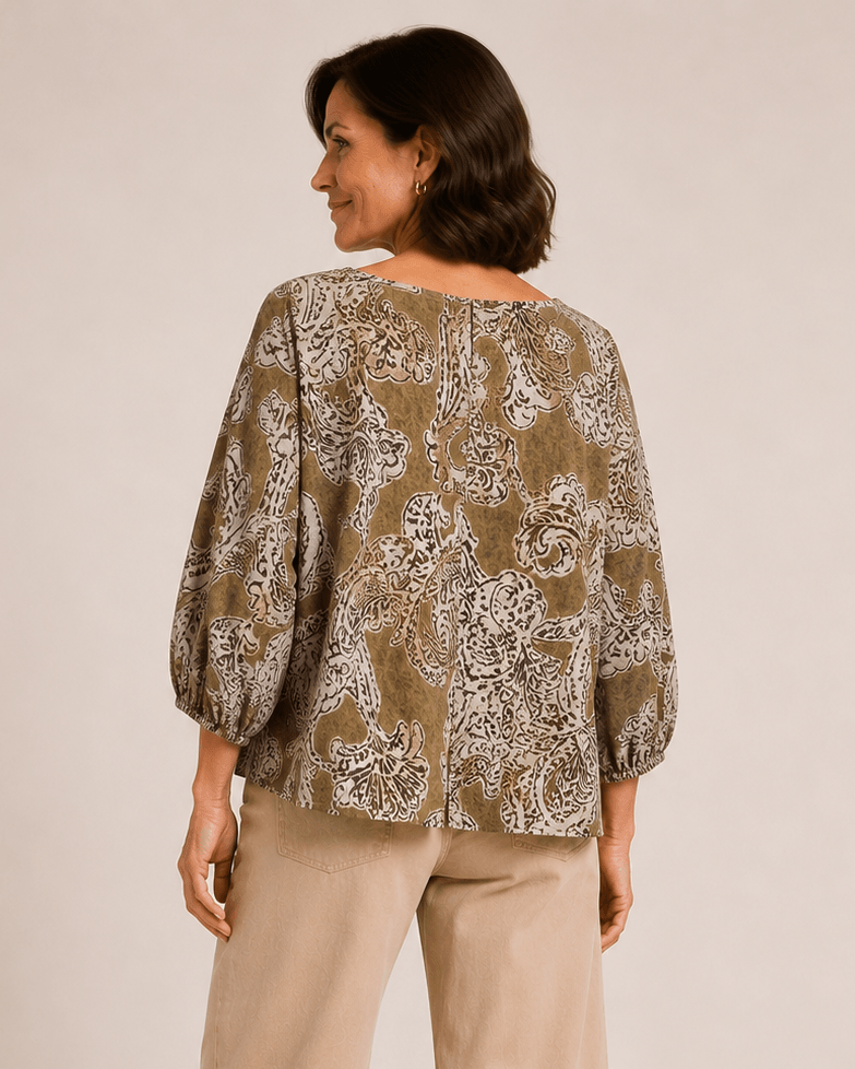 Relaxed paisley print top, crew neck, 3/4 balloon sleeves; back view, tan with white