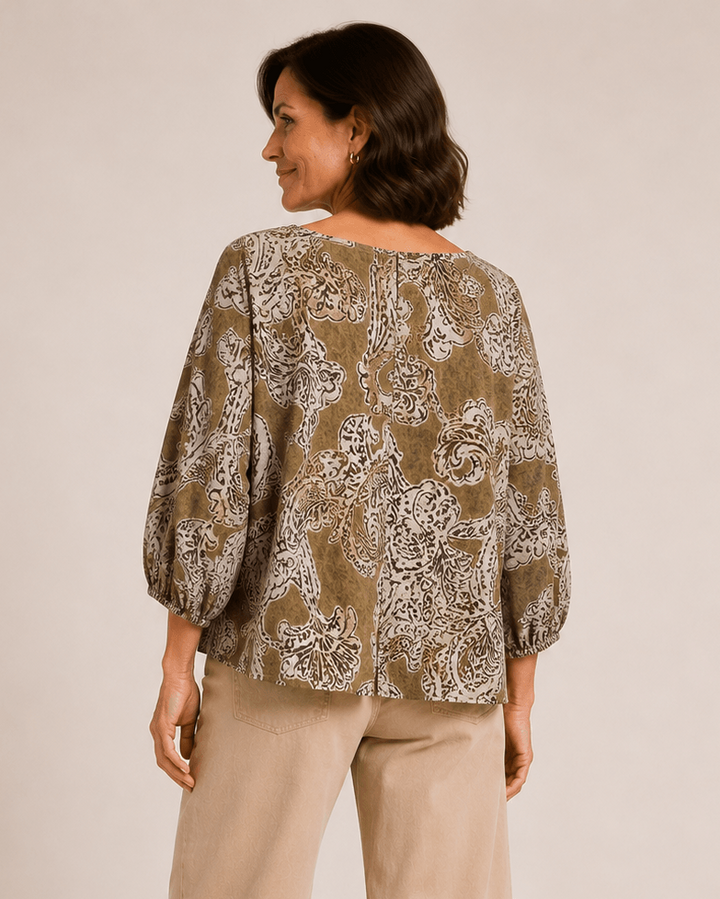 Relaxed paisley print top, crew neck, 3/4 balloon sleeves; back view, tan with white