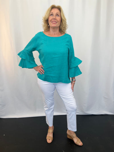 Ruffle Sleeve Linen Top Dark Aqua