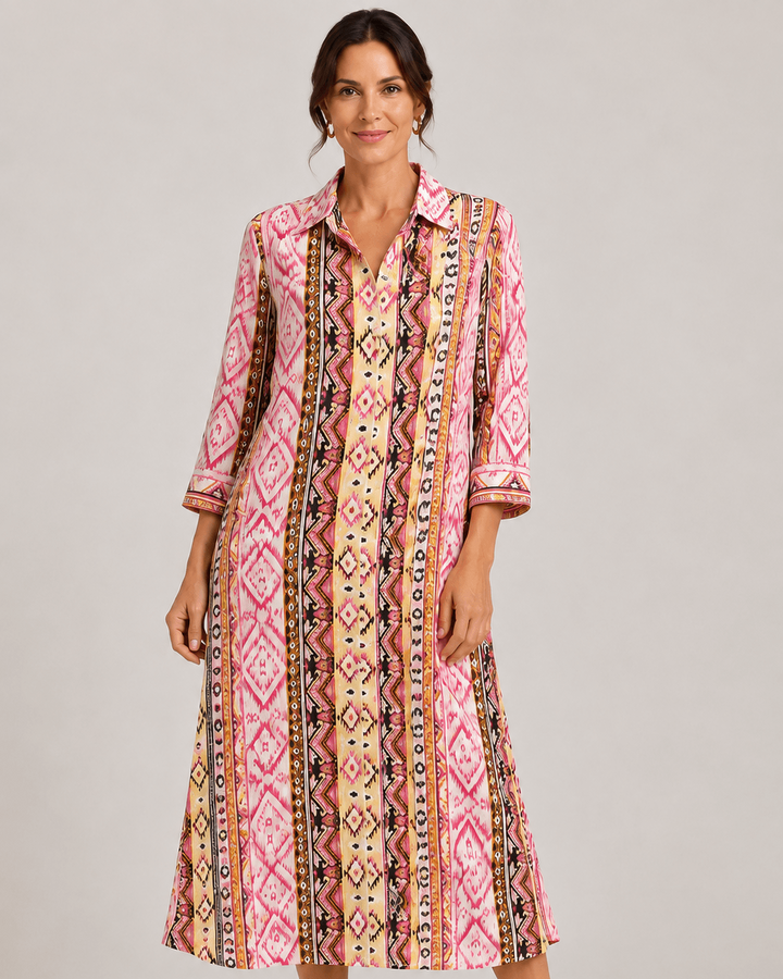 Maison De Point Selene dress, pink and multicolor patterned midi with V-neck, 3/4 sleeves
