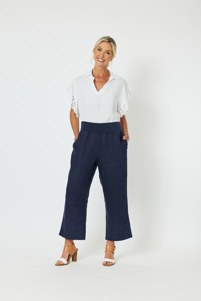 Ribbed Waist Linen Relaxed Pant - Navy