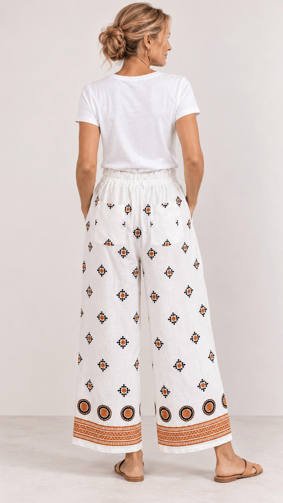 Foil woman modeling a sleeveless white two-piece set with brown geometric patterns and tan striped trim, paired with black strappy heels, against a light gray studio background. back view