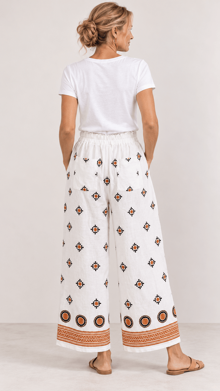Foil woman modeling a sleeveless white two-piece set with brown geometric patterns and tan striped trim, paired with black strappy heels, against a light gray studio background. back view
