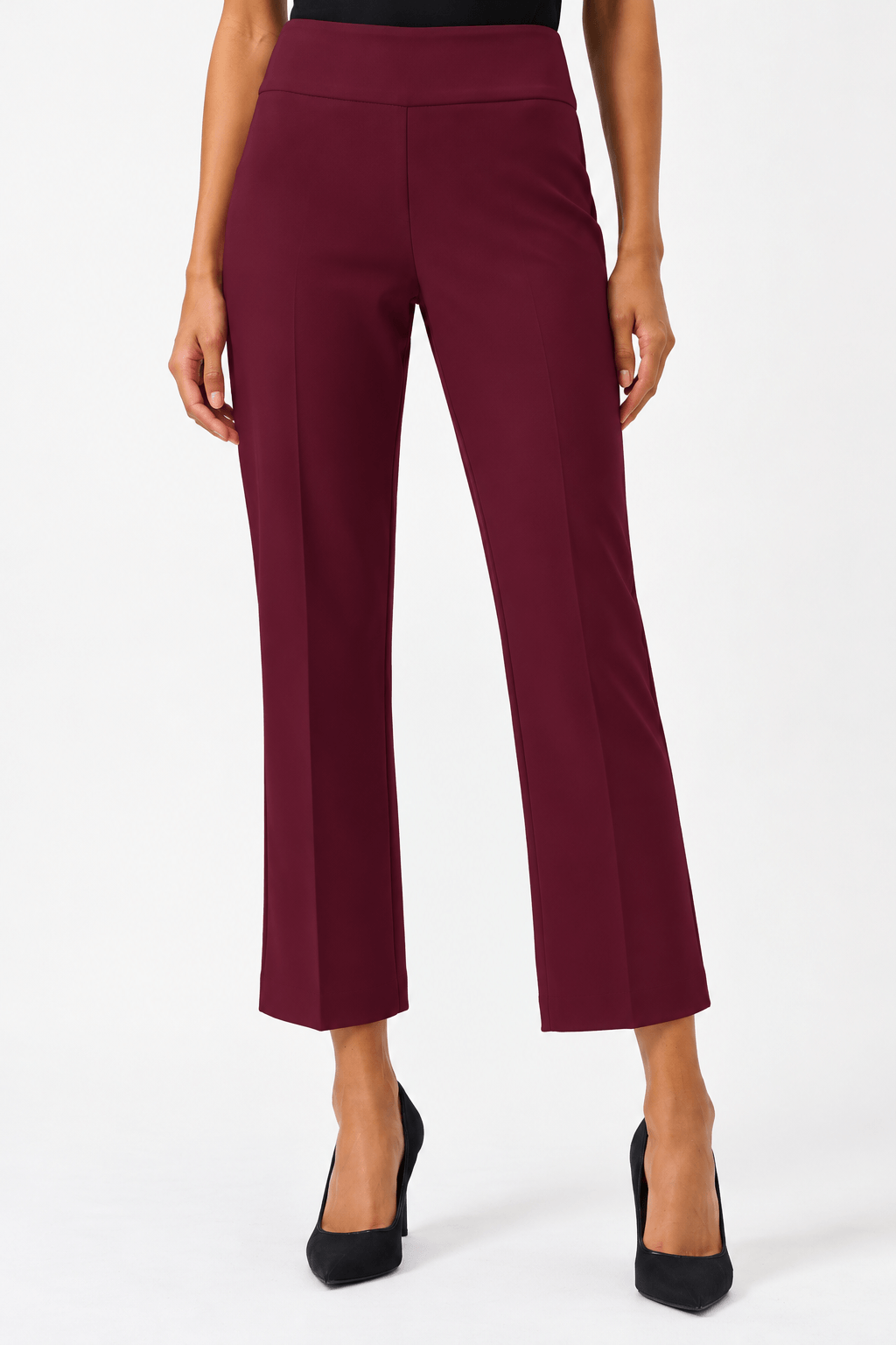 Joseph Ribkoff model wearing high-waisted, straight-leg cropped trousers in a deep burgundy color, paired with black pointed-toe heels, shown against a plain white studio background.