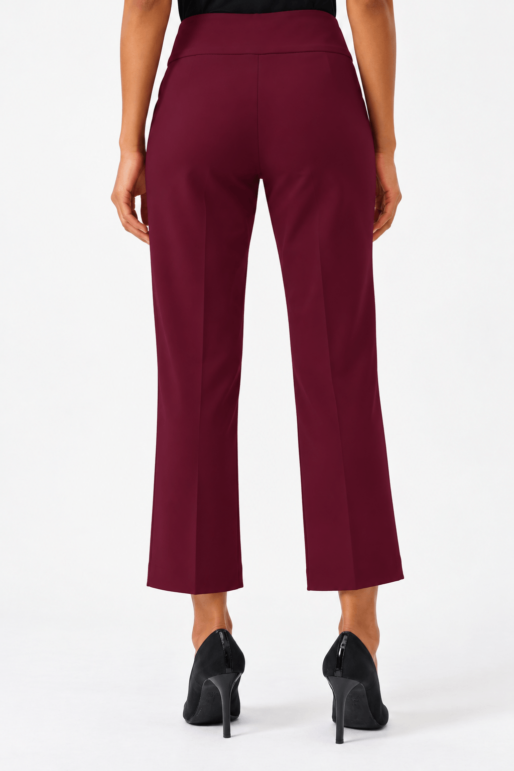 Joseph Ribkoff model wearing high-waisted, straight-leg cropped trousers in a deep burgundy color, paired with black pointed-toe heels, shown against a plain white studio background. Back view