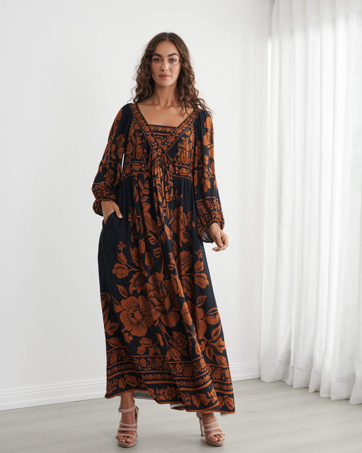Caju V Neck Print Maxi Dress Copper &amp; Black