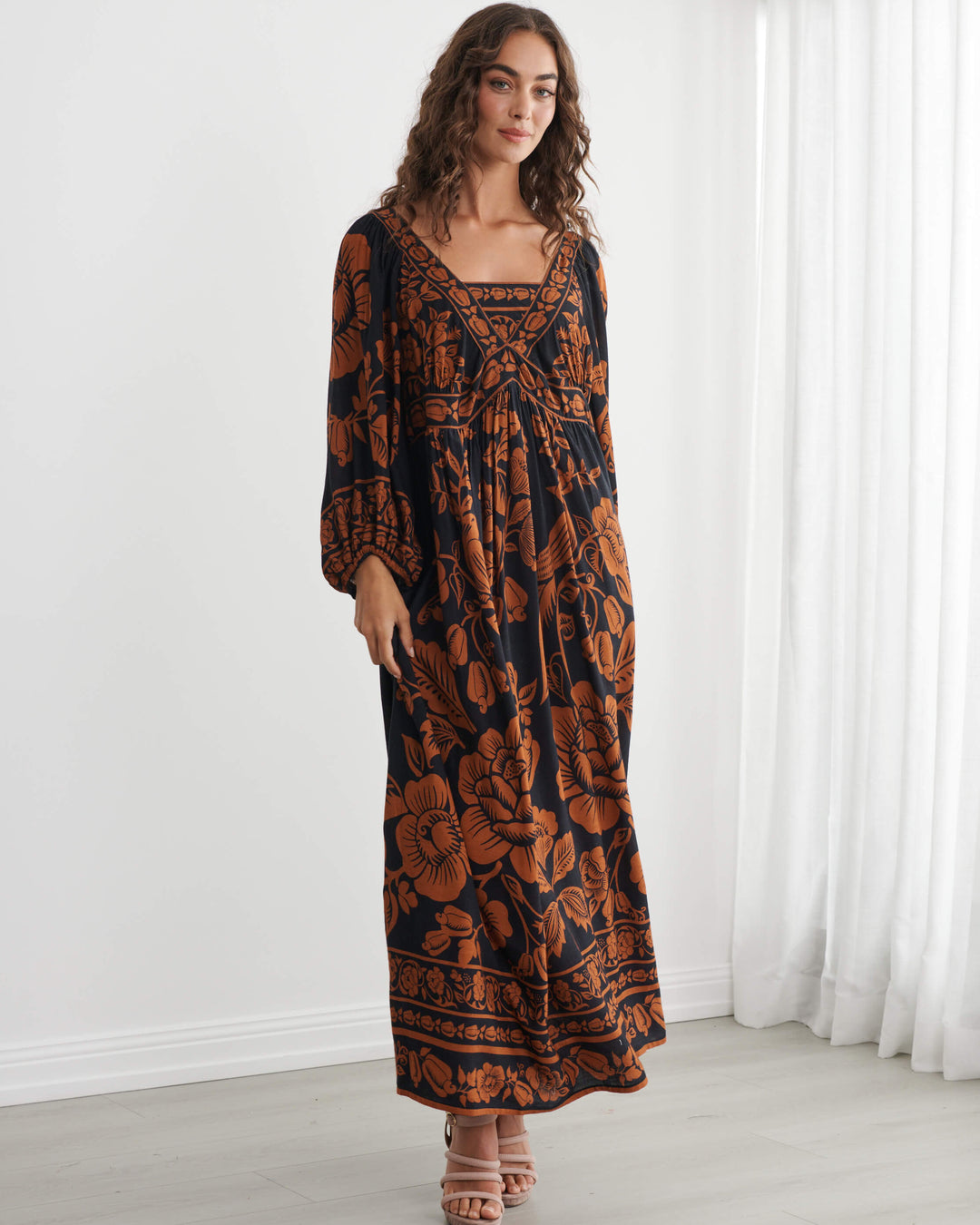 Caju V Neck Print Maxi Dress Copper &amp; Black