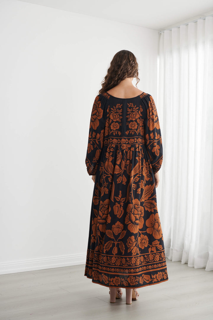 Caju V Neck Print Maxi Dress Copper &amp; Black