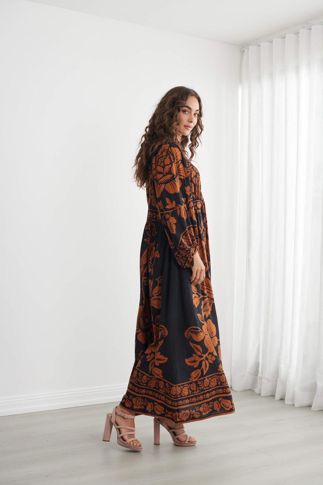 Caju V Neck Print Maxi Dress Copper &amp; Black