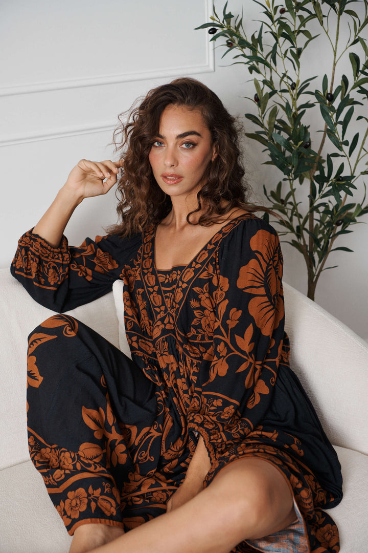 Caju V Neck Print Maxi Dress Copper &amp; Black