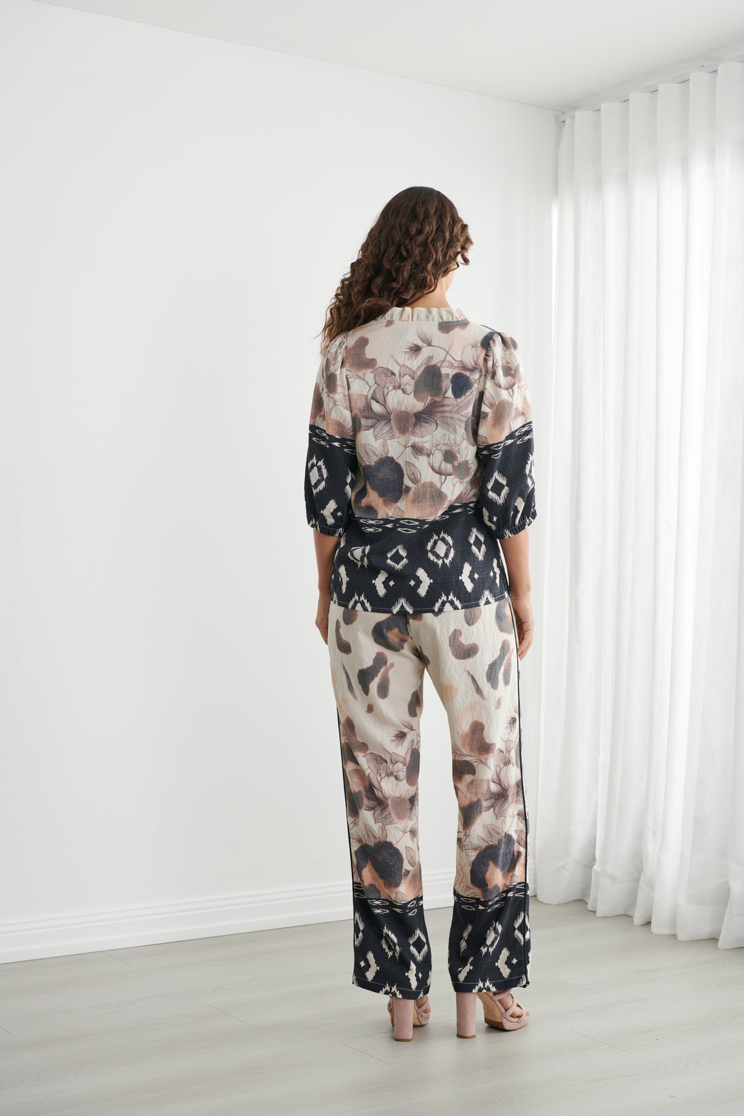 Caju Ikat Safari Blouse with Side Splits Black  Pink White