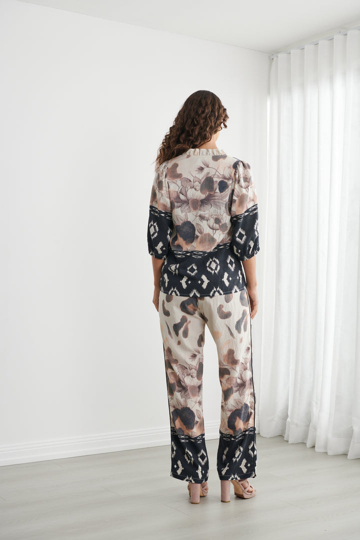 Caju Ikat Safari Blouse with Side Splits Black  Pink White