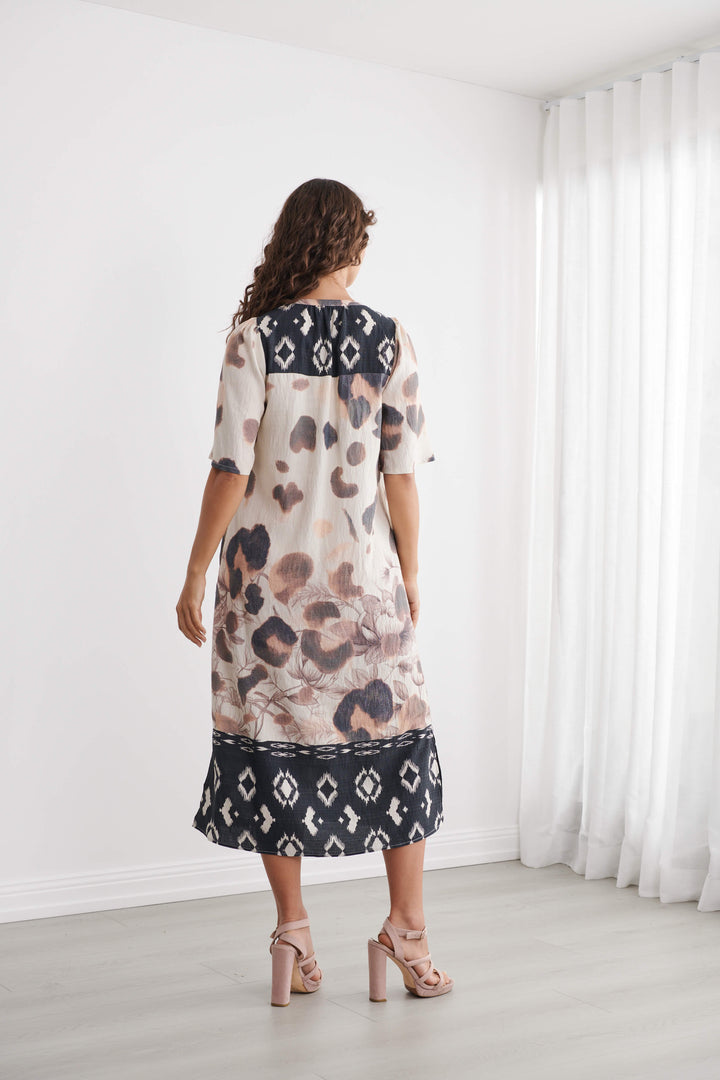 Caju Ikat Safari Half Plackett Dress Black White &amp; Pink