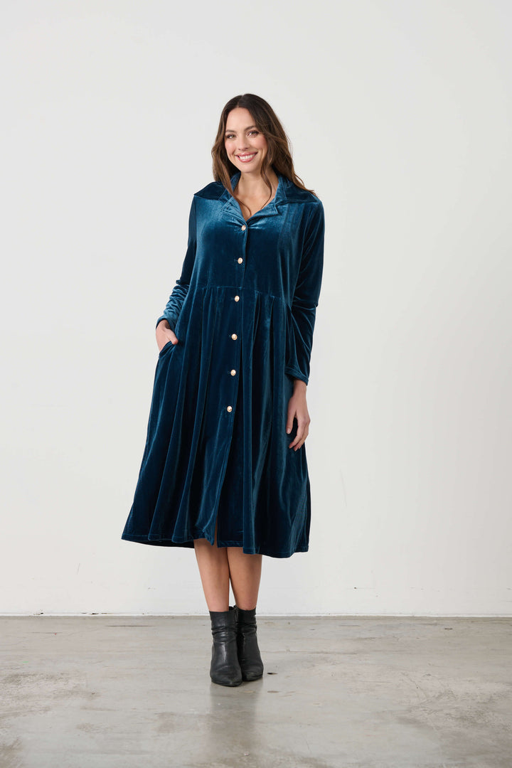 Luxurious Velvet Shirt Dress - Blue/Green