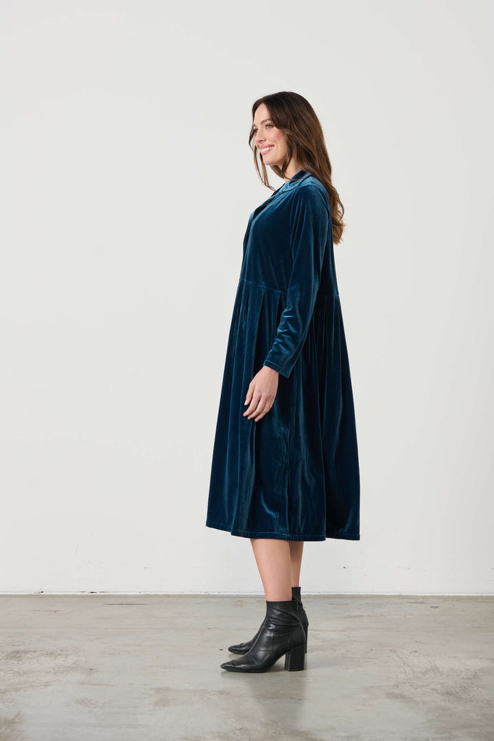 Luxurious Velvet Shirt Dress - Blue/Green