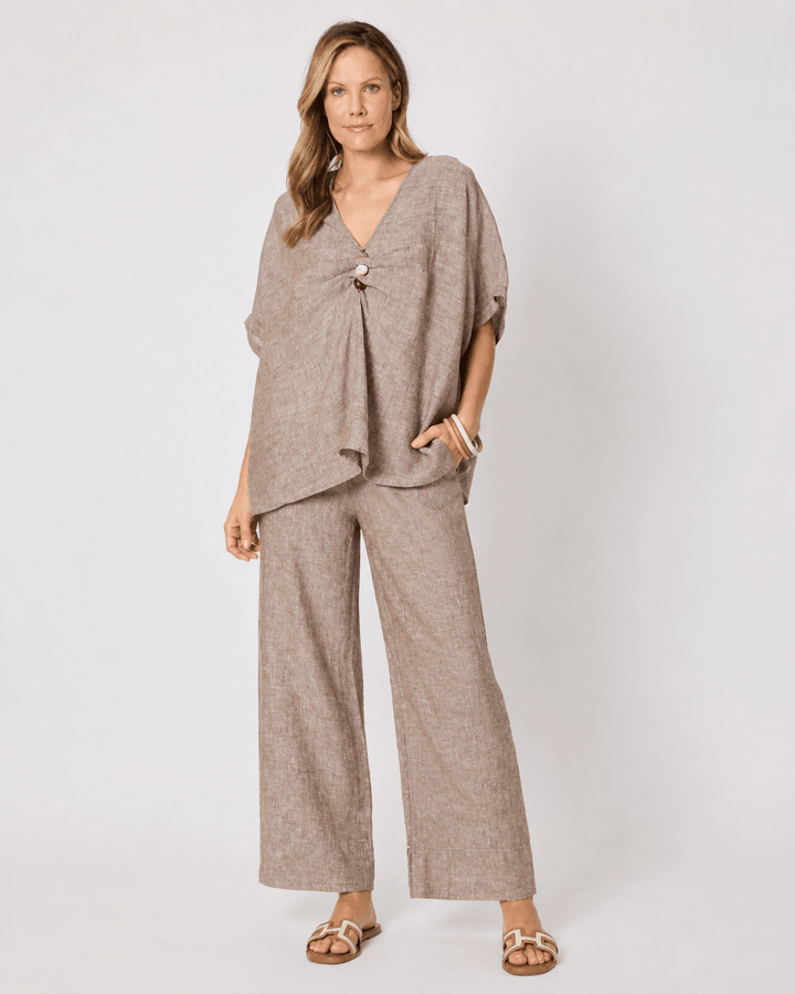Mocha V-neck breeze top with short sleeves and front tie detail, relaxed drape