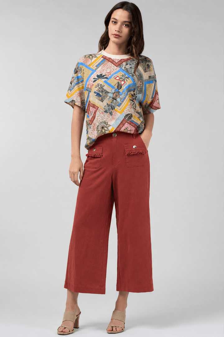 Loobie’s Story Ceylon top in cream multi with illustrated patchwork print, crew neck
