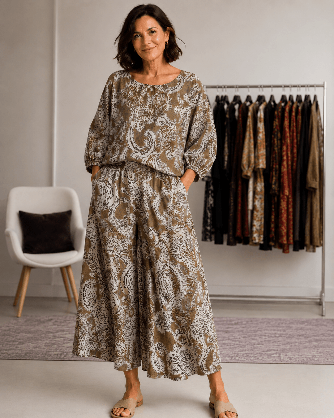 Paisley print easy flow pant with elastic waist and relaxed, draped legs
