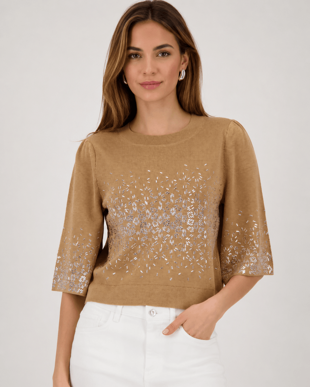 Monari beige knit top with crew neck, 3/4 sleeves, and jeweled speckle pattern on front