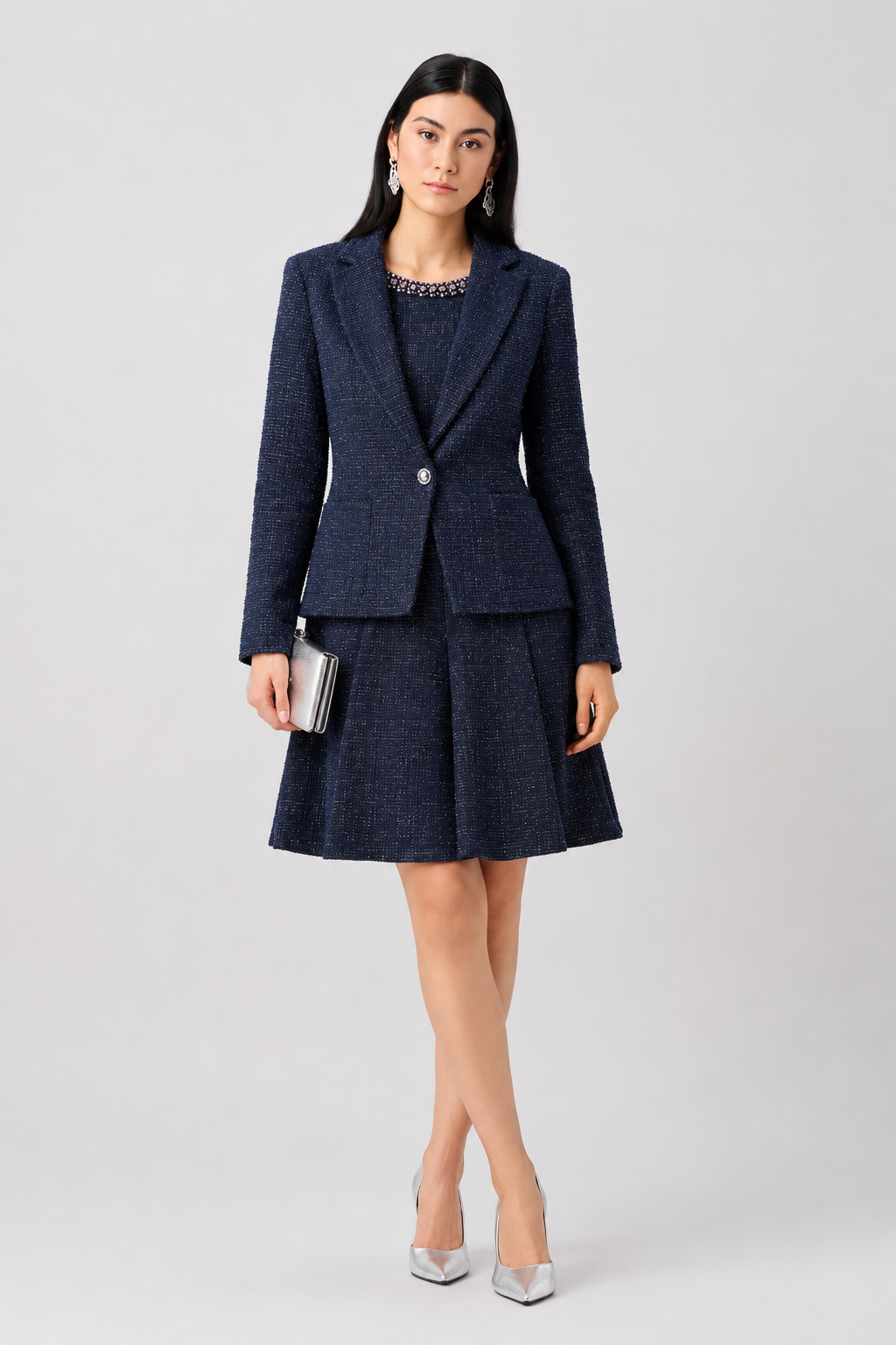 Modern Geometry Lurex Boucle Flounce Dress with Pearl Trim 263922