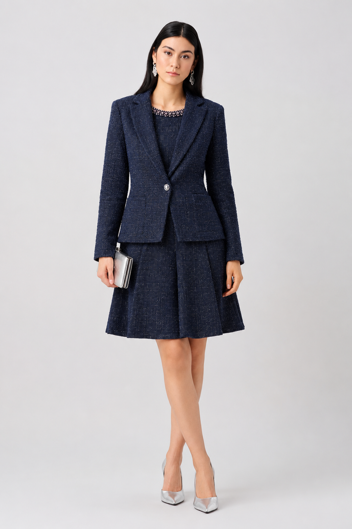 Modern Geometry Lurex Boucle Flounce Dress with Pearl Trim 263922