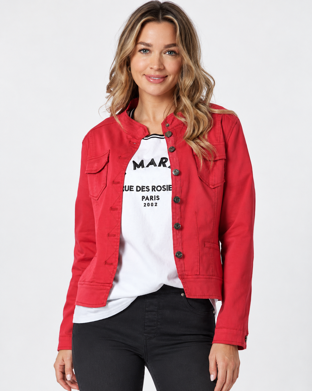 Threadz Red denim jacket with button front, chest pockets, and long sleeves on a white background. 