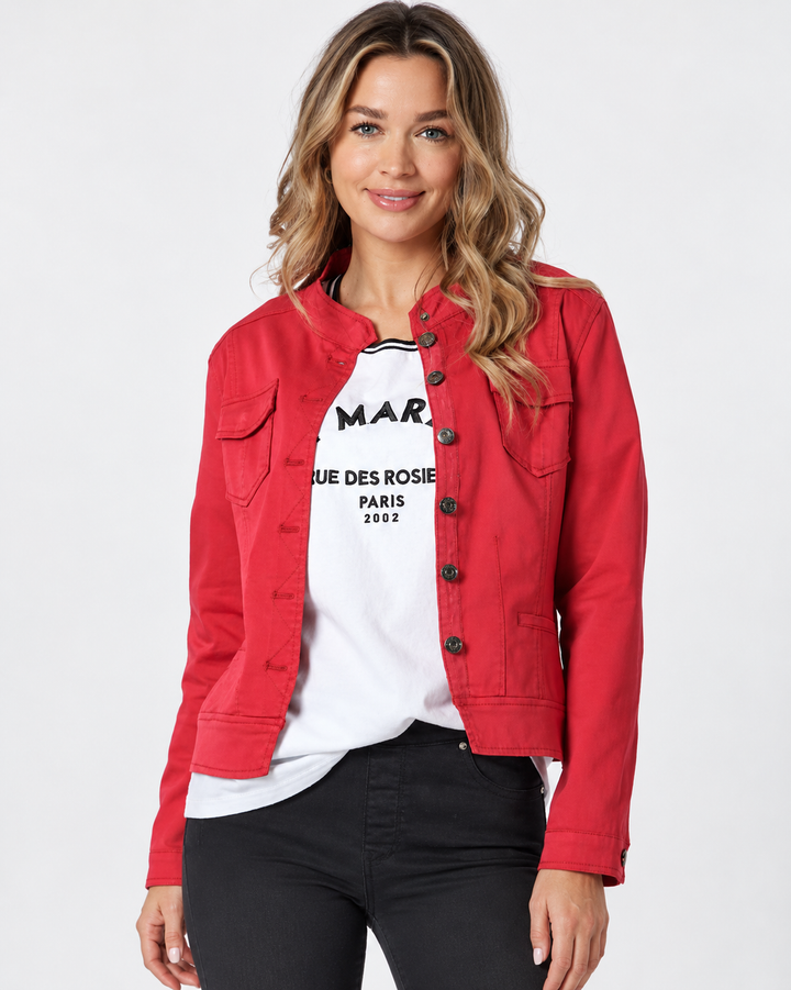 Threadz Red denim jacket with button front, chest pockets, and long sleeves on a white background. 