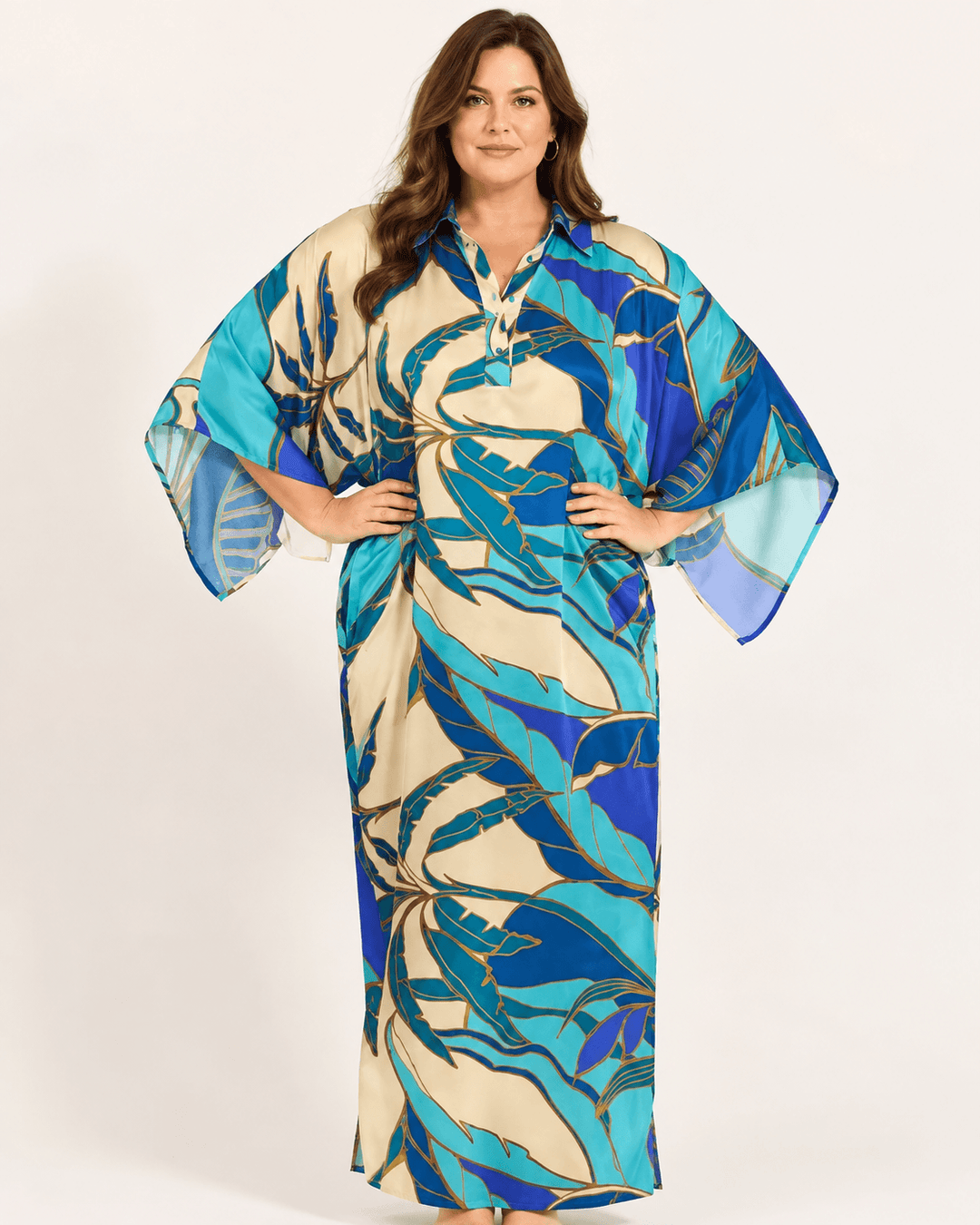 Blue and teal abstract maxi dress with tie belt, V-neck and wide short sleeves
