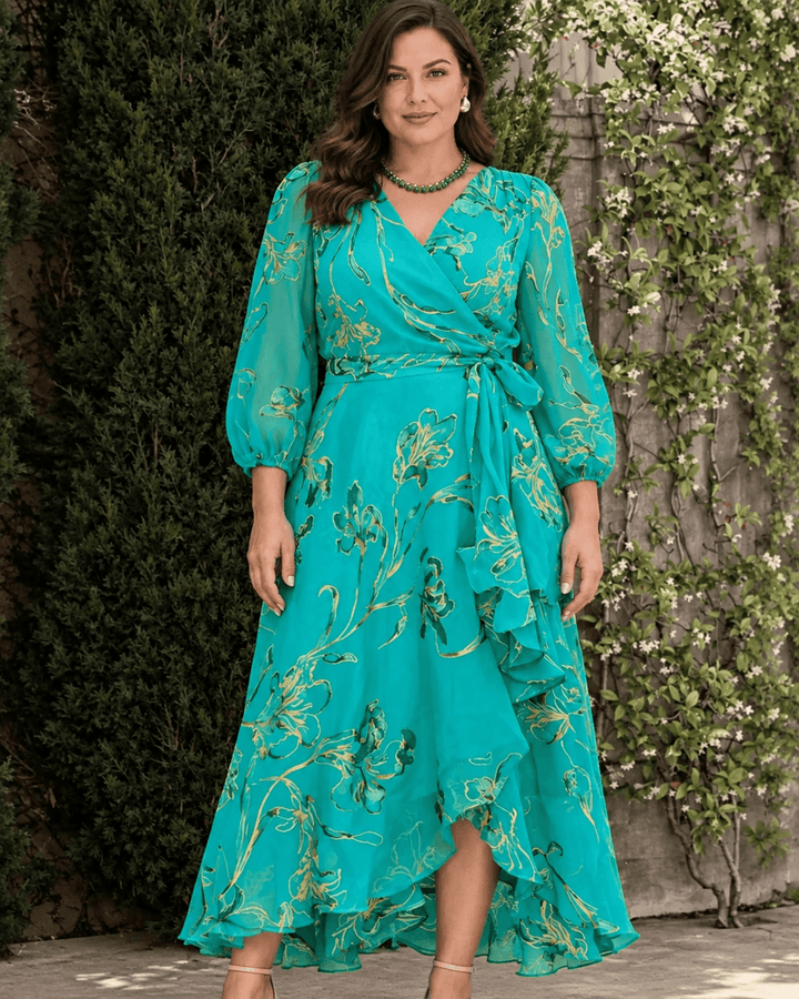 Teal wrap midi dress with long puff sleeves, V-neck, and floral print