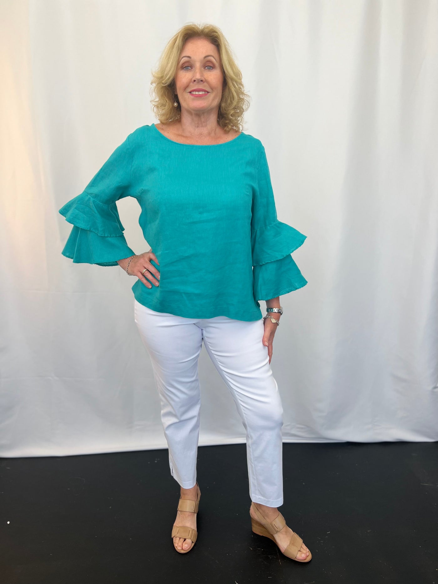 Ruffle Sleeve Linen Top Dark Aqua